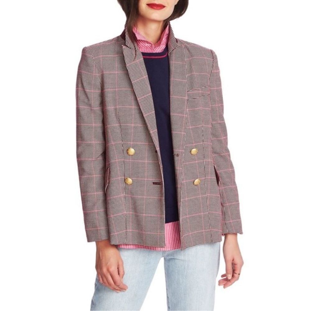 Court & Rowe 0 White Fuchsia Burgundy Plaid Houndstooth Double Breasted Blazer